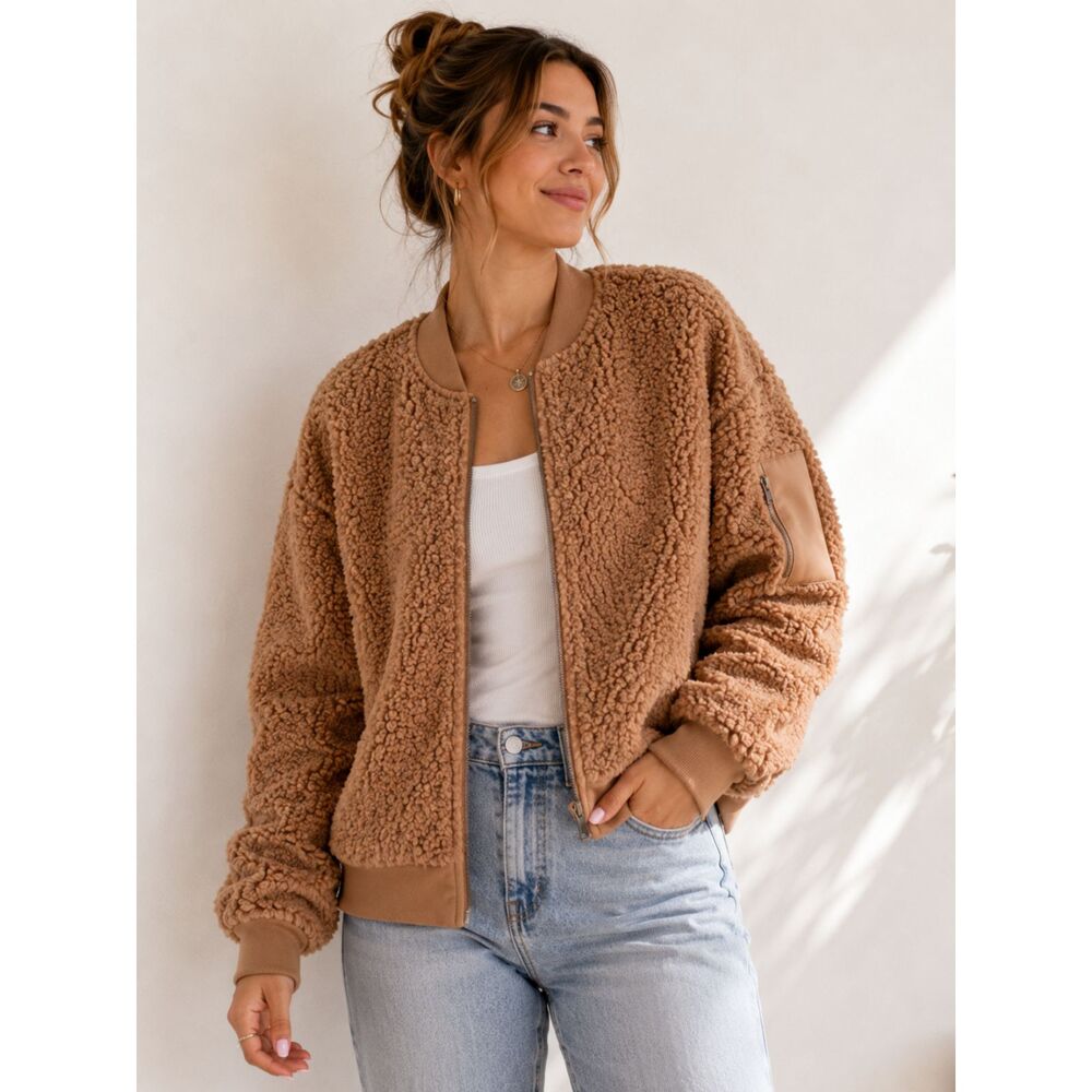 Hippie Rose Sherpa Jacket Womens XL Tan Zip Up Teddy Fleece Cozy Fall Winter